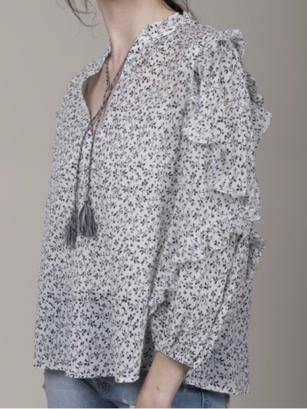 Ulla Johnson Inez White and Black Ditsy Floral Ruffle Sleeve Blouse